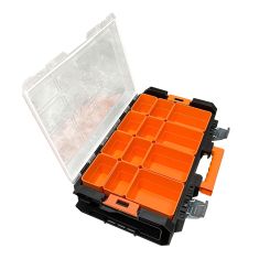 Coffre de rangement empilable, 12 compartiments, 21,6’’ x 13,4’’ x 4,5’’, noir et orange